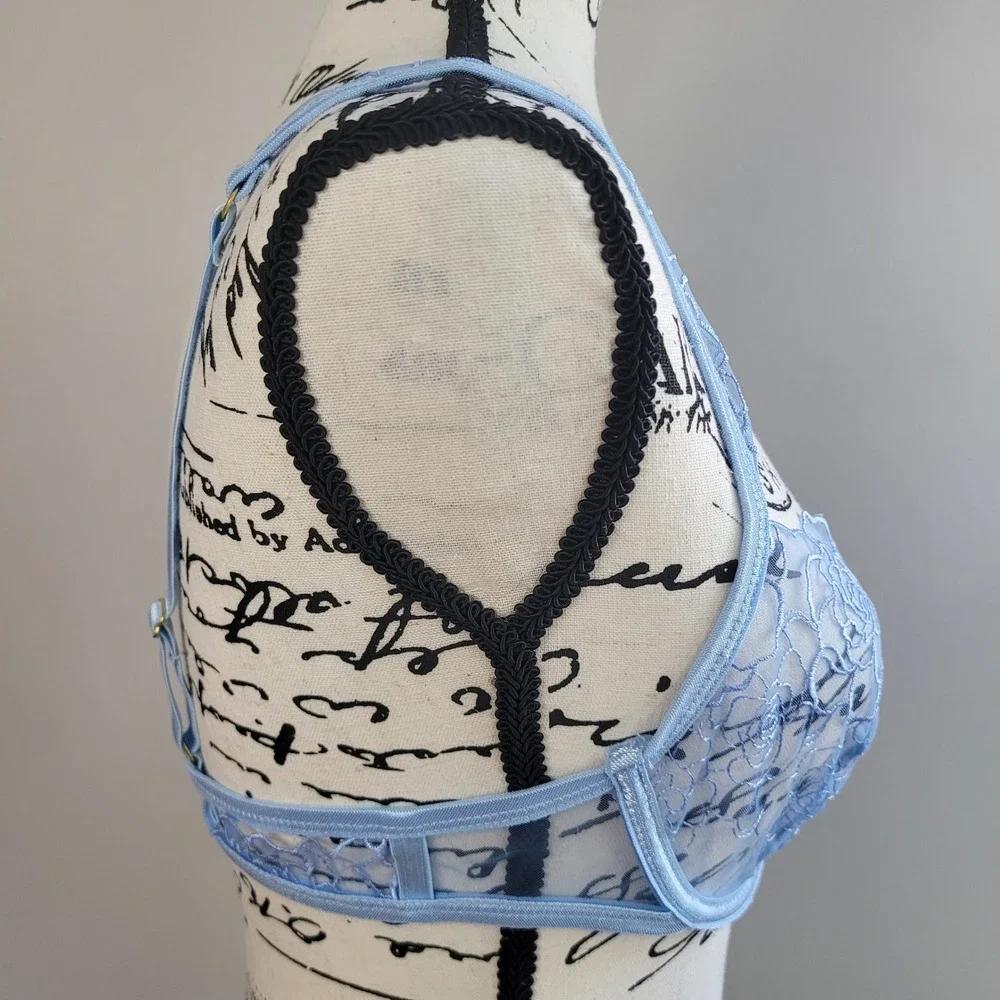 Blue lace‎ bra sheer floral medium rose print pastel coquette feminine romantic